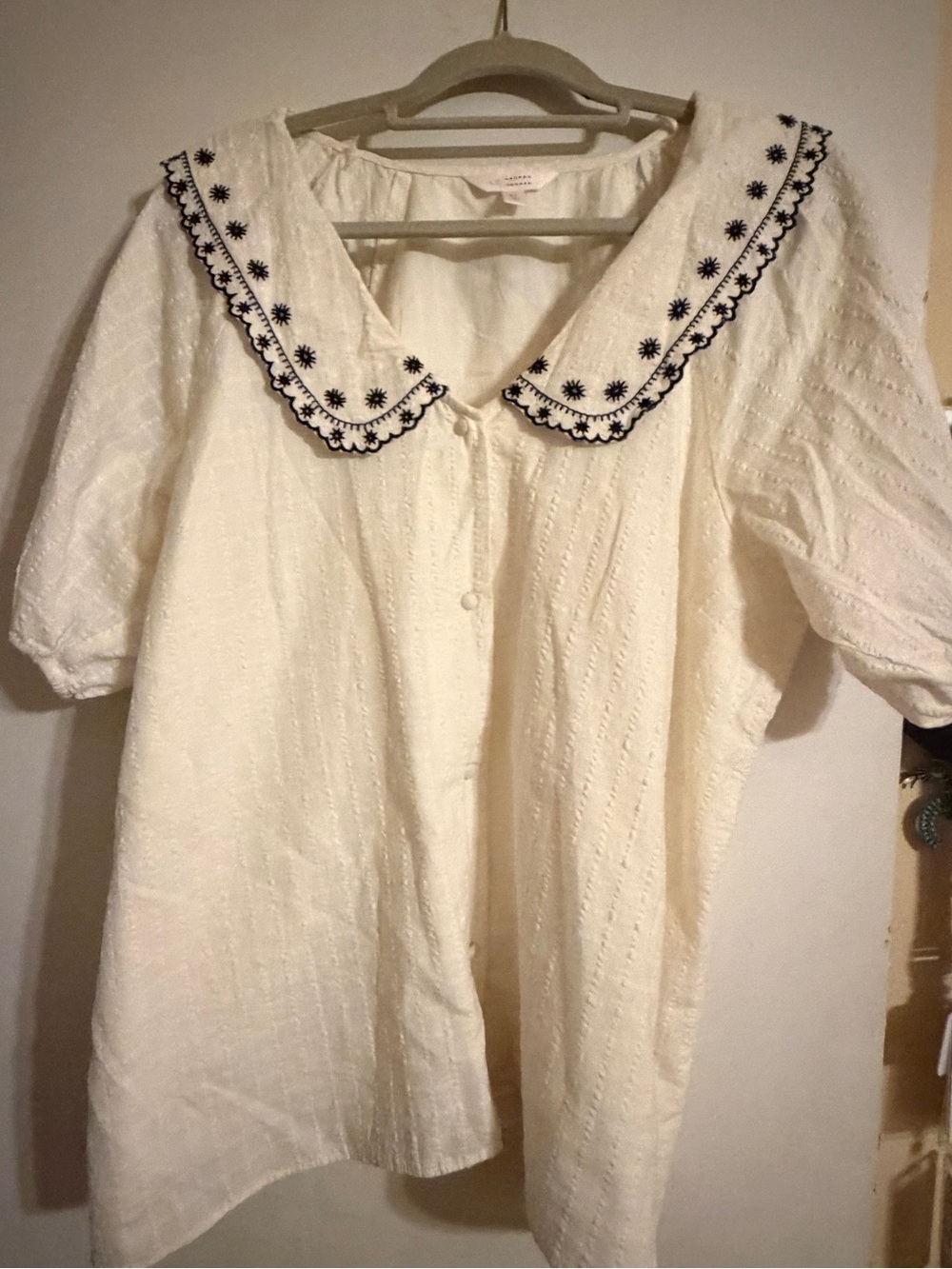 LC Lauren Conrad Cream Top with Navy Embroidered Peter Pan Collar